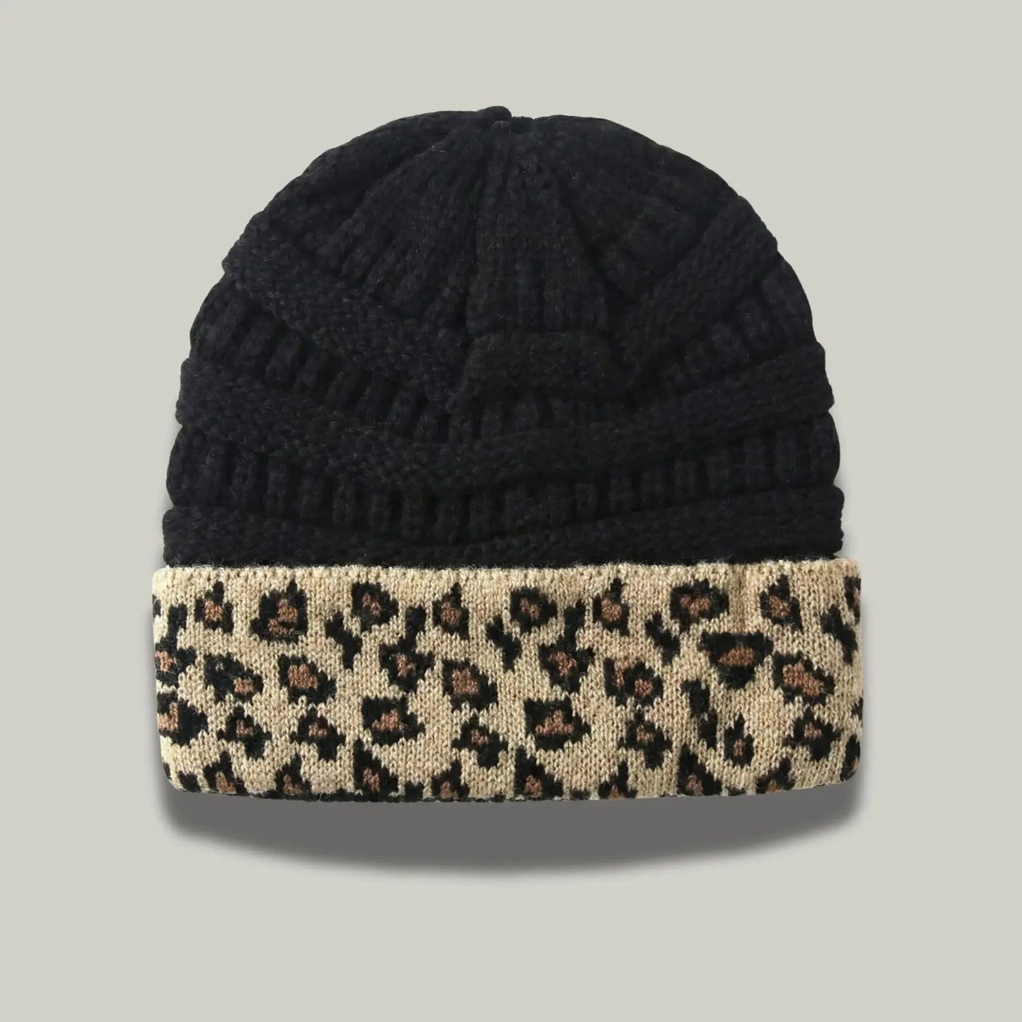 Bonnet Tricot Femme Noir Revers Léopard Camel Maison Shelby