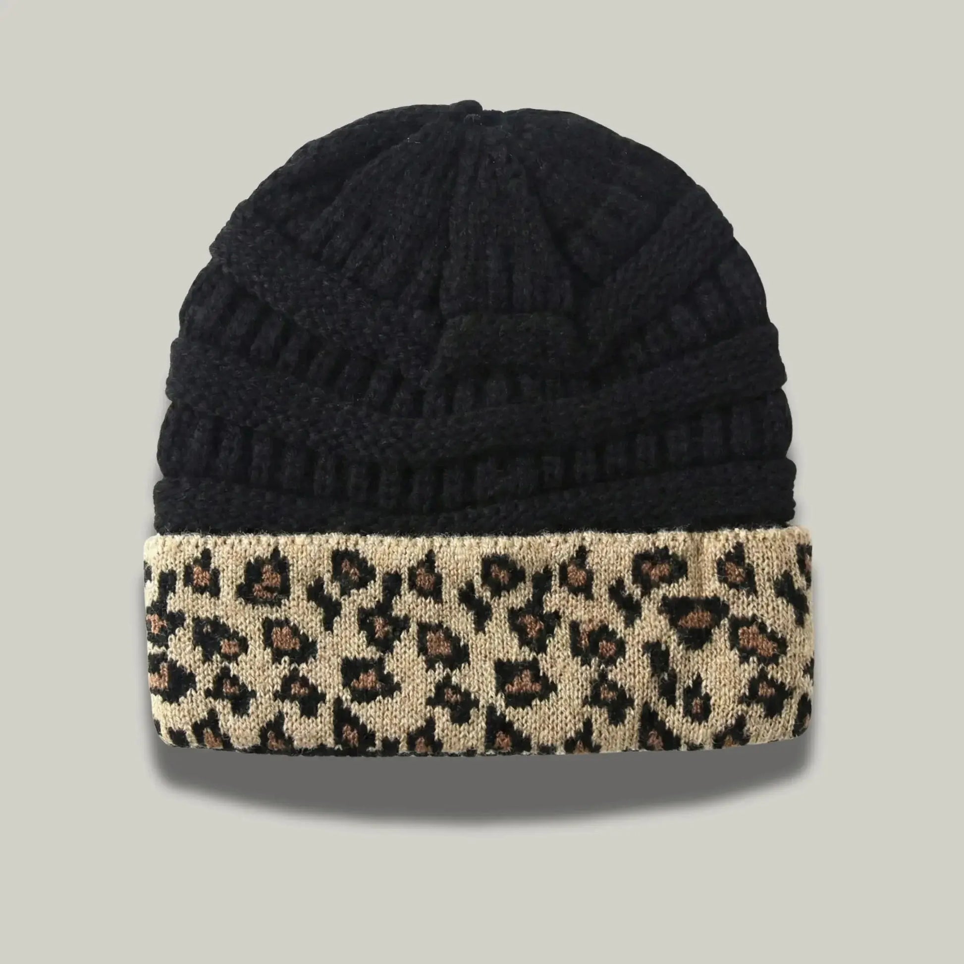 Bonnet Tricot Femme Noir Revers Léopard Camel Maison Shelby