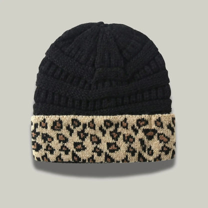 Bonnet Tricot Femme Noir Revers Léopard Camel Maison Shelby