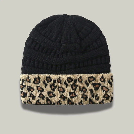 Bonnet Tricot Femme Noir Revers Léopard Camel Maison Shelby