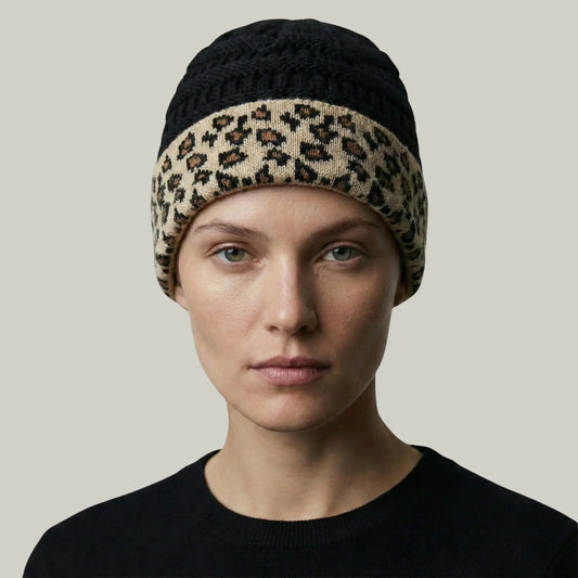 Bonnet Tricot Femme Noir Revers Léopard Camel Maison Shelby