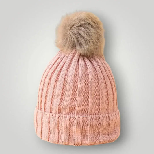 Bonnet Tricot Femme Rose Poudré Pompon Fourrure Naturelle Maison Shelby