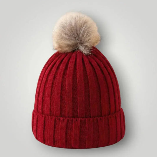 Bonnet Tricot Femme Rouge Pompon Fourrure Beige Maison Shelby
