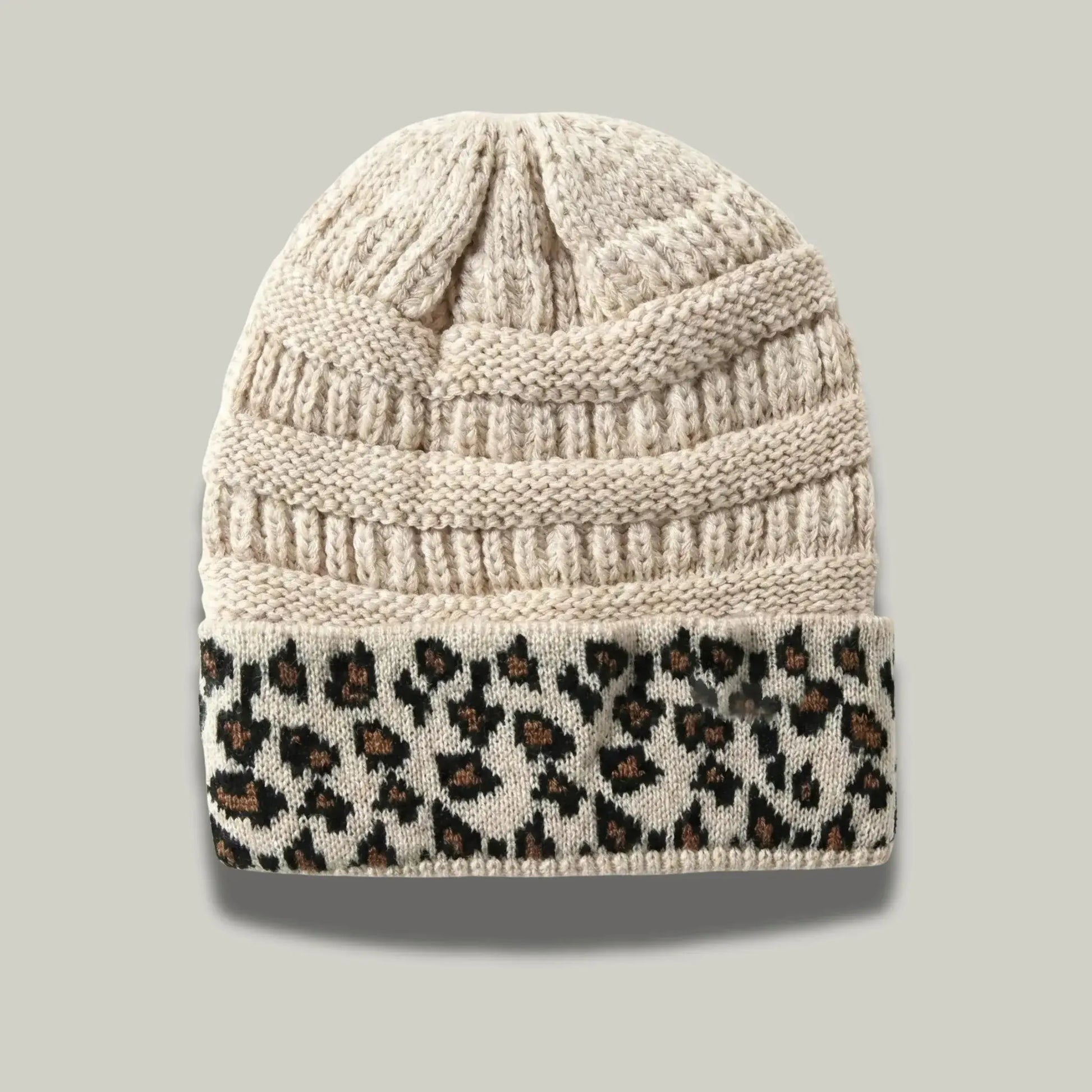 Bonnet Tricot Femme Sable Revers Imprimé Léopard Noir Maison Shelby