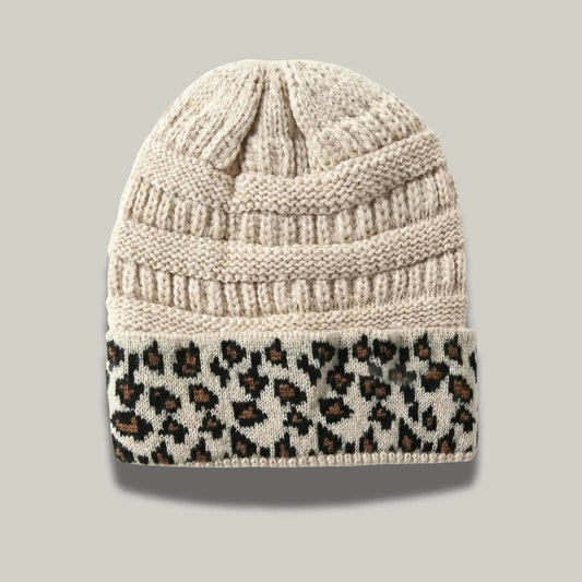 Bonnet Tricot Femme Sable Revers Imprimé Léopard Noir Maison Shelby