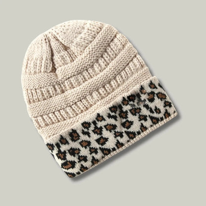 Bonnet Tricot Femme Sable Revers Imprimé Léopard Noir Maison Shelby