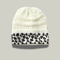 Bonnet Tricot Femme Écru Revers Imprimé Léopard Noir