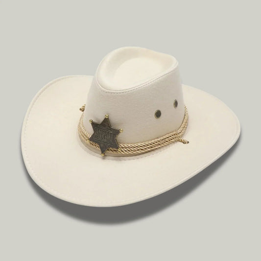 Chapeau Cowboy Blanc Femme Feutre Étoile Shérif Corde