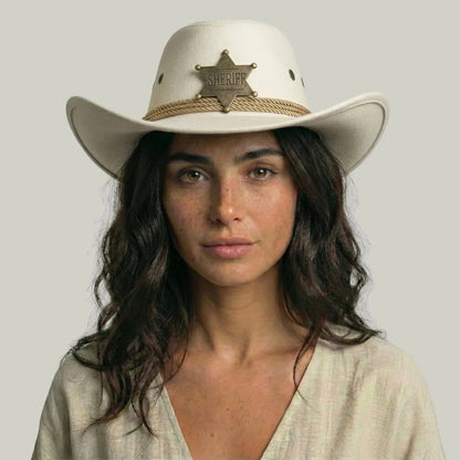 Chapeau Cowboy Blanc Femme Feutre Étoile Shérif Corde Maison Shelby