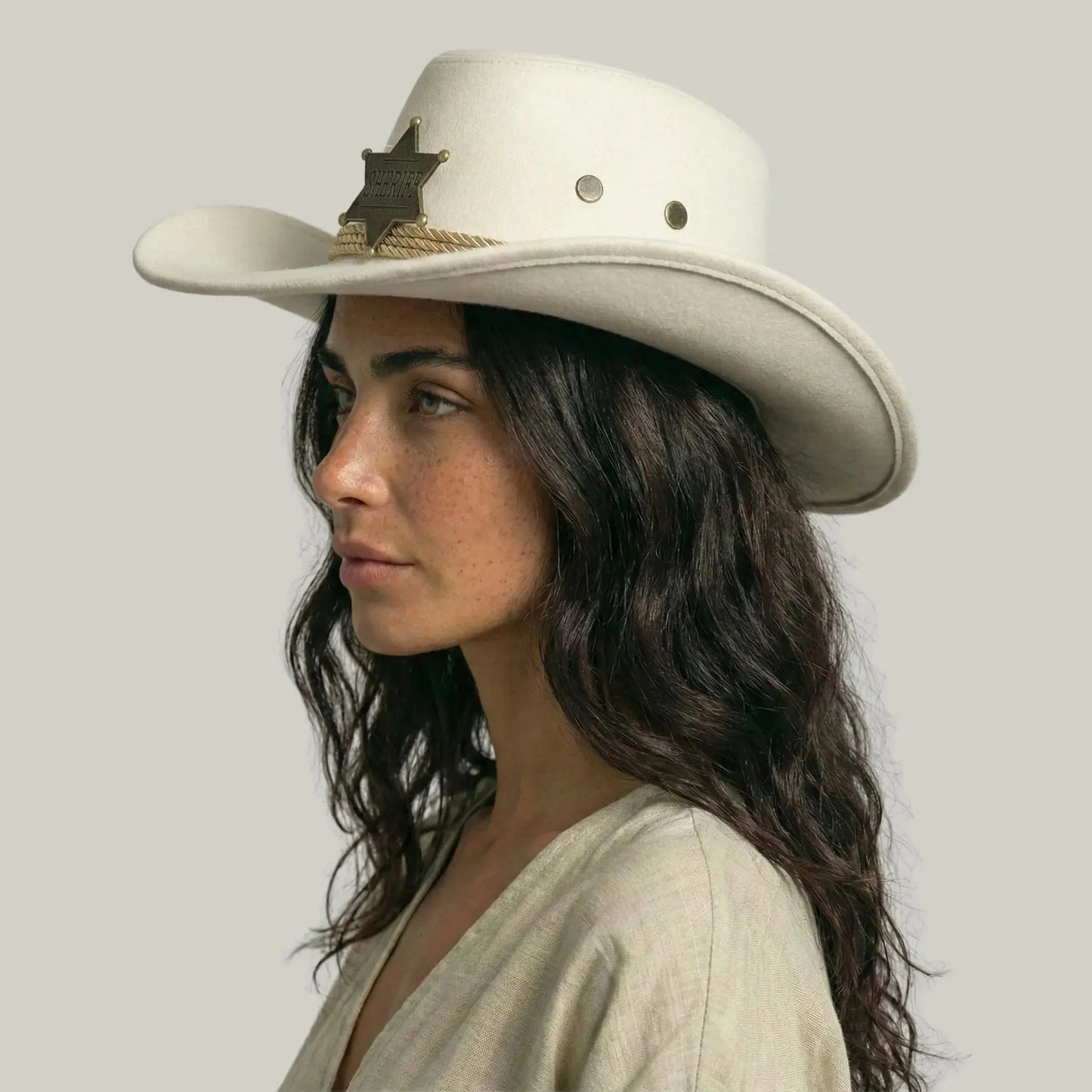 Chapeau Cowboy Blanc Femme Feutre Étoile Shérif Corde Maison Shelby