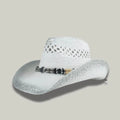 Chapeau Cowboy Blanc Femme Paille Ajourée Bandeau Perles