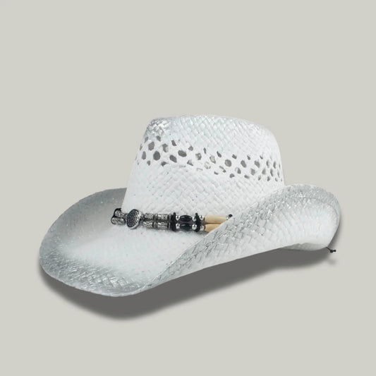 Chapeau Cowboy Blanc Femme Paille Ajourée Bandeau Perles