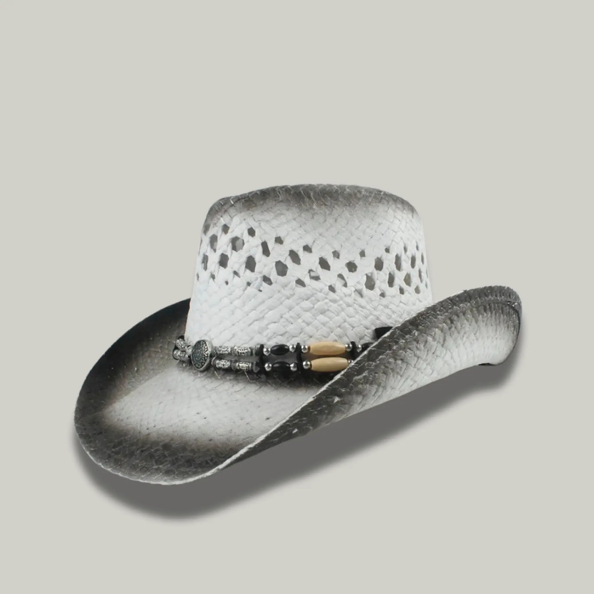 Chapeau Cowboy Blanc Femme Paille Ajourée Bandeau Perles Maison Shelby