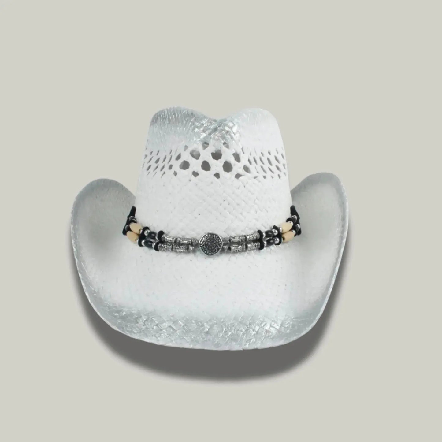 Chapeau Cowboy Blanc Femme Paille Ajourée Bandeau Perles Maison Shelby