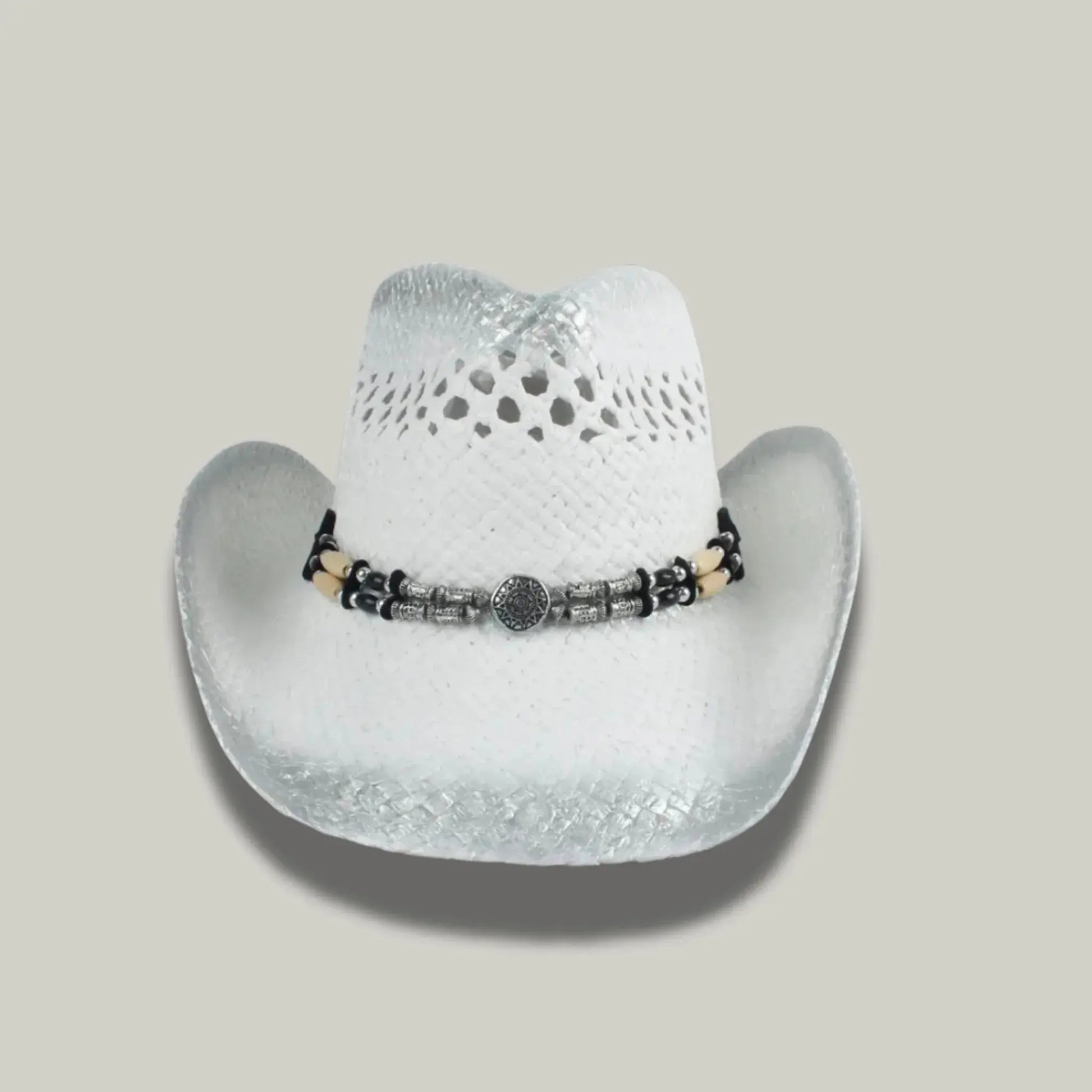 Chapeau Cowboy Blanc Femme Paille Ajourée Bandeau Perles Maison Shelby