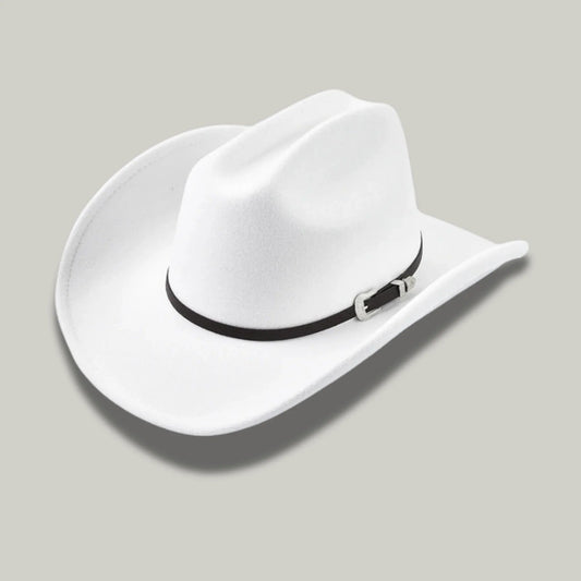 Chapeau Cowboy Blanc Mixte Feutre Bandeau Boucle Argentée