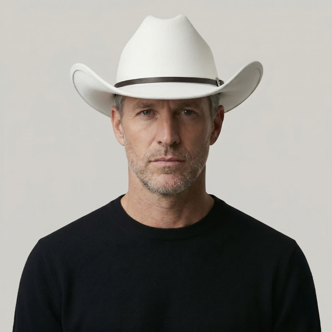Chapeau Cowboy Blanc Mixte Feutre Bandeau Boucle Argentée