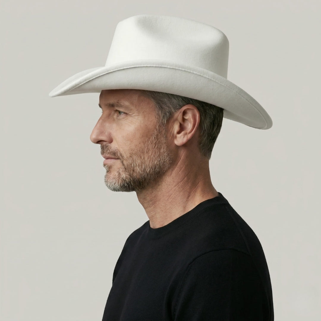 Chapeau Cowboy Blanc Mixte Feutre Bandeau Boucle Argentée