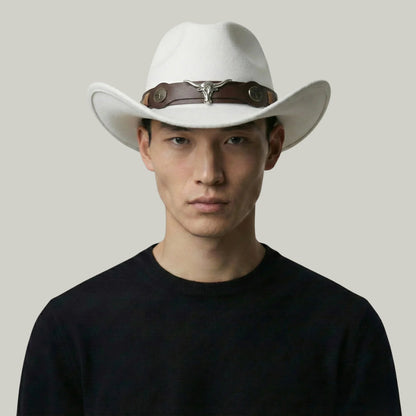 Chapeau Cowboy Blanc Mixte Feutre Bandeau Taureau Cuir