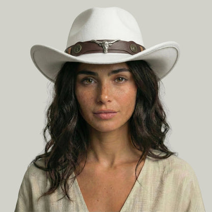 Chapeau Cowboy Blanc Mixte Feutre Bandeau Taureau Cuir