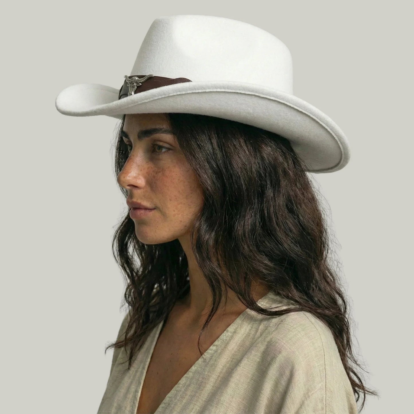 Chapeau Cowboy Blanc Mixte Feutre Bandeau Taureau Cuir