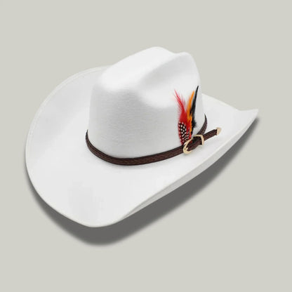 Chapeau Cowboy Blanc Mixte Feutre Plume Rouge et Noire