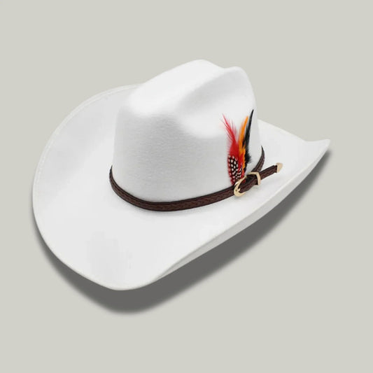 Chapeau Cowboy Blanc Mixte Feutre Plume Rouge et Noire