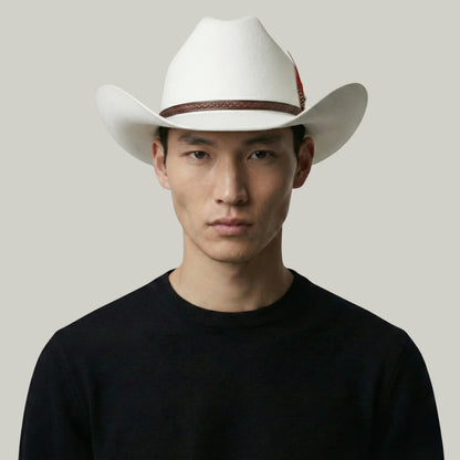 Chapeau Cowboy Blanc Mixte Feutre Plume Rouge et Noire