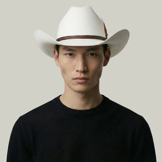 Chapeau Cowboy Blanc Mixte Feutre Plume Rouge et Noire Maison Shelby