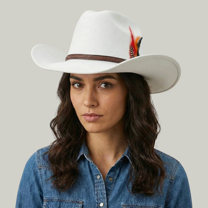Chapeau Cowboy Blanc Mixte Feutre Plume Rouge et Noire