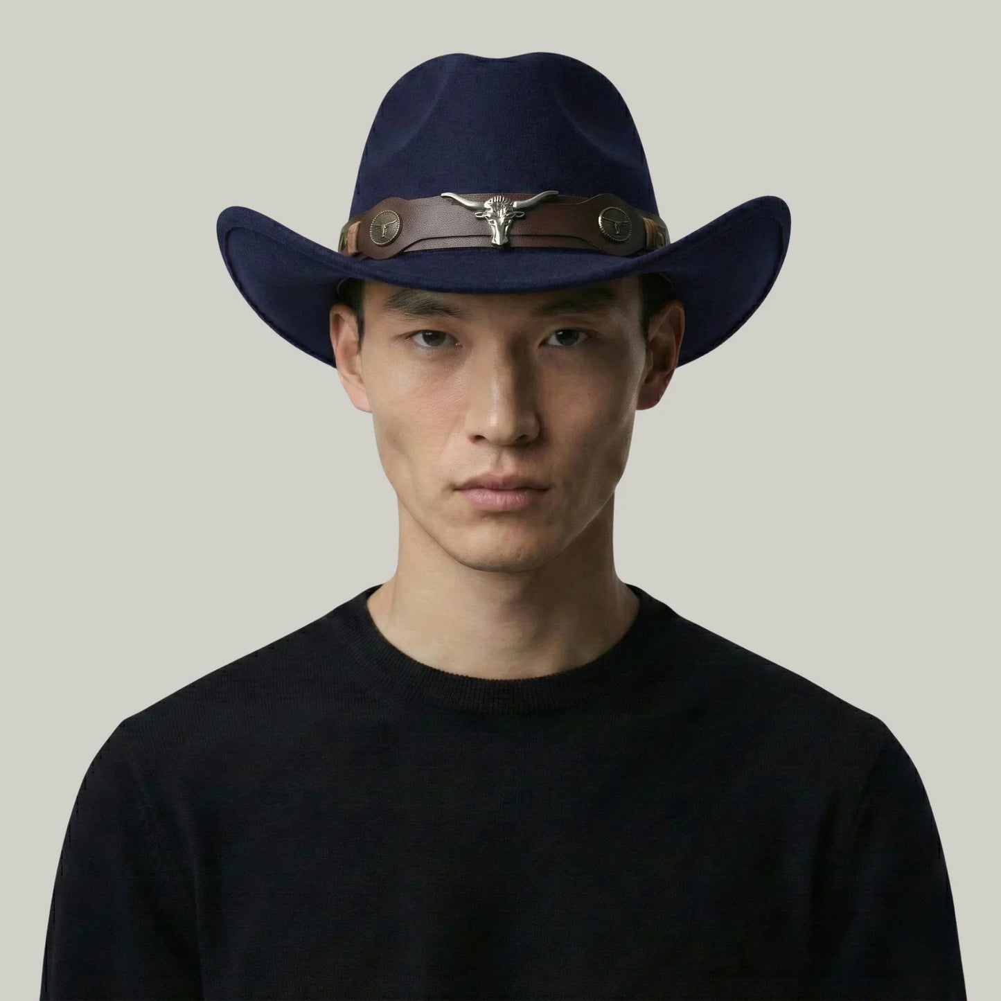 Chapeau Cowboy Bleu Nuit Mixte Feutre Bandeau Taureau Cuir