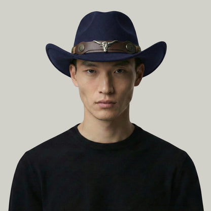 Chapeau Cowboy Bleu Nuit Mixte Feutre Bandeau Taureau Cuir