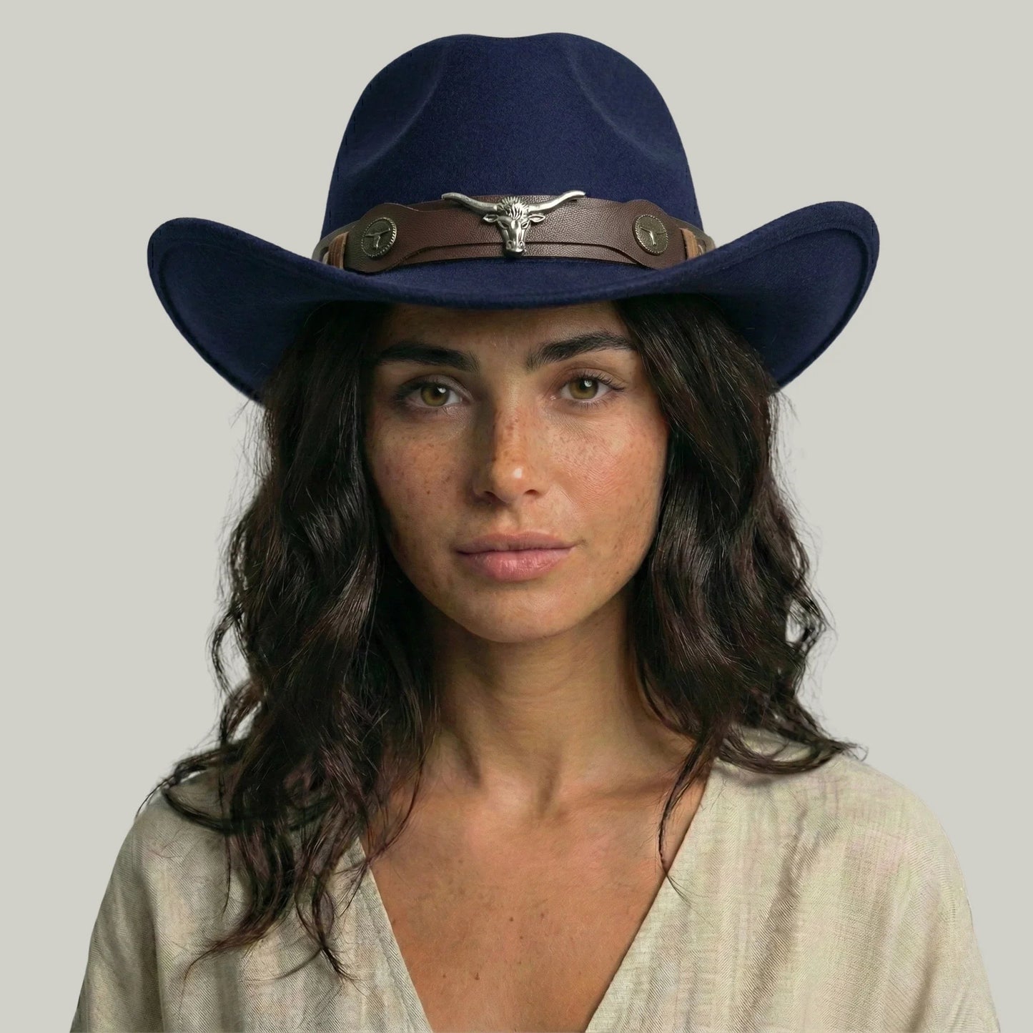 Chapeau Cowboy Bleu Nuit Mixte Feutre Bandeau Taureau Cuir