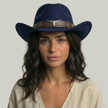 Chapeau Cowboy Bleu Nuit Mixte Feutre Bandeau Taureau Cuir