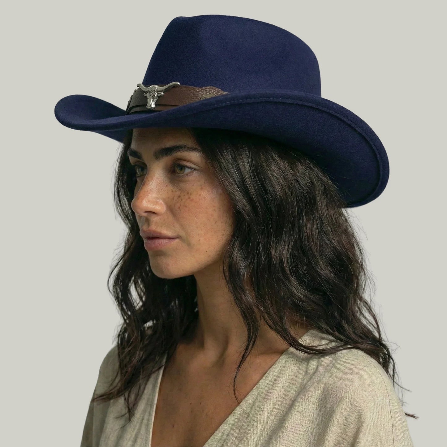 Chapeau Cowboy Bleu Nuit Mixte Feutre Bandeau Taureau Cuir