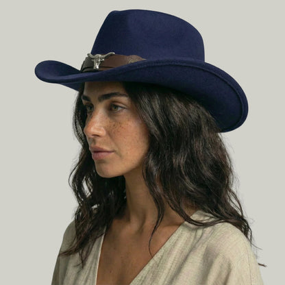 Chapeau Cowboy Bleu Nuit Mixte Feutre Bandeau Taureau Cuir