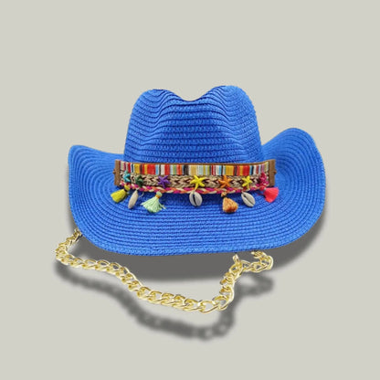 Chapeau Cowboy Femme Bleu Électrique Paille Bandeau Pompons Chaîne Maison Shelby
