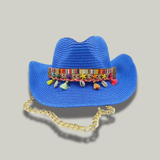 Chapeau Cowboy Femme Bleu Électrique Paille Bandeau Pompons Chaîne