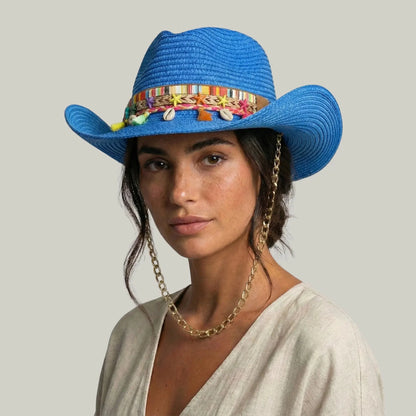 Chapeau Cowboy Femme Bleu Électrique Paille Bandeau Pompons Chaîne Maison Shelby
