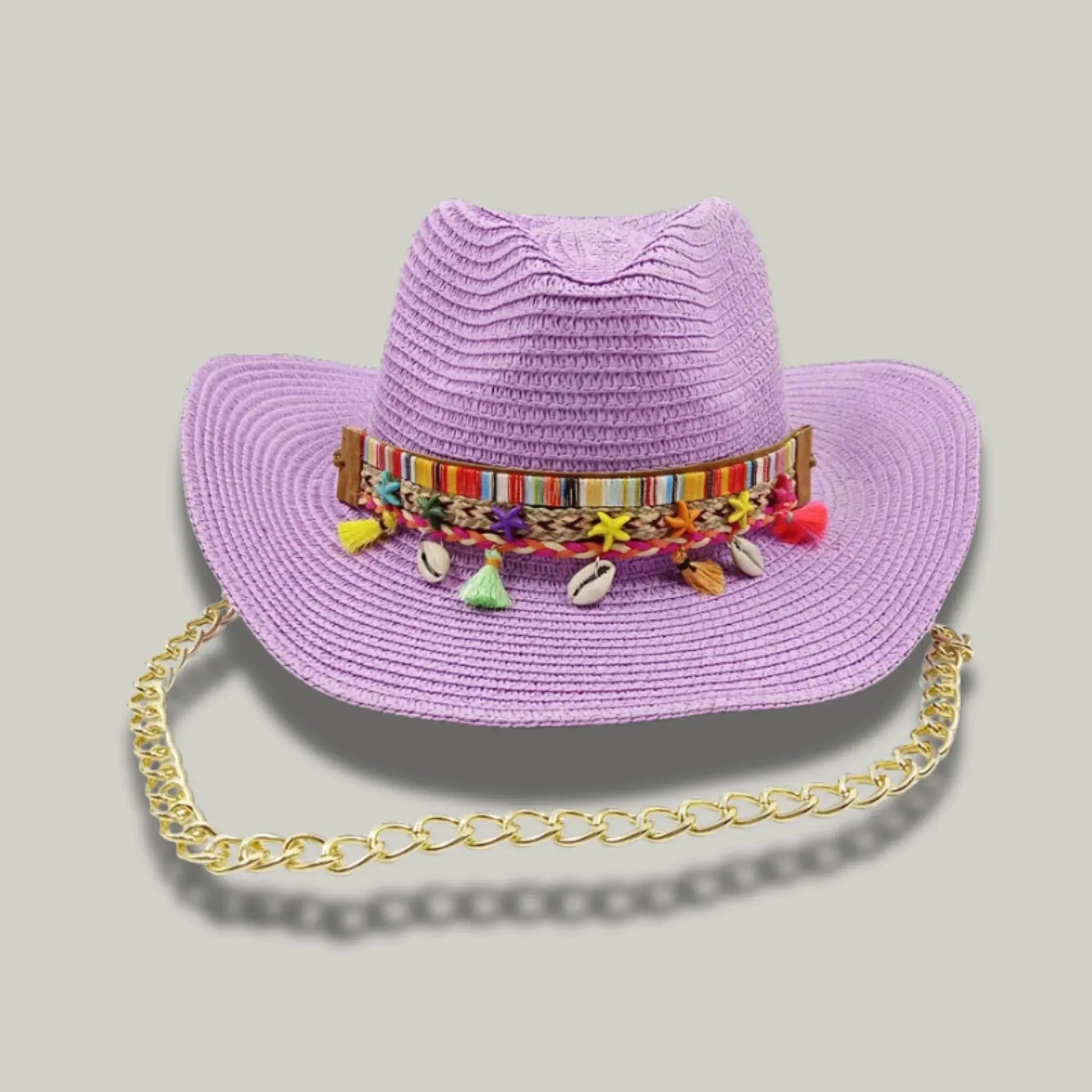 Chapeau Cowboy Femme Lilas Paille Bandeau Pompons Chaîne Maison Shelby