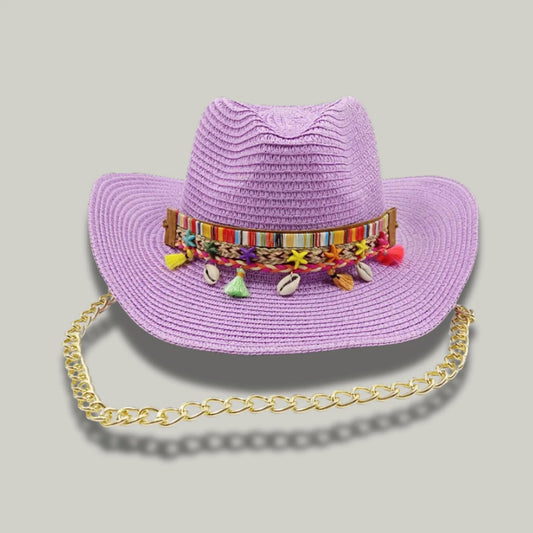 Chapeau Cowboy Femme Lilas Paille Bandeau Pompons Chaîne