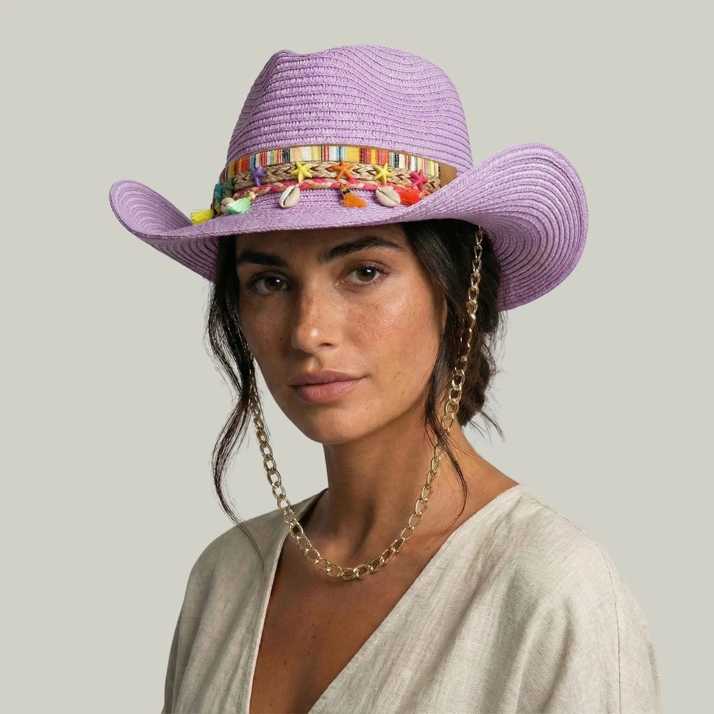 Chapeau Cowboy Femme Lilas Paille Bandeau Pompons Chaîne Maison Shelby