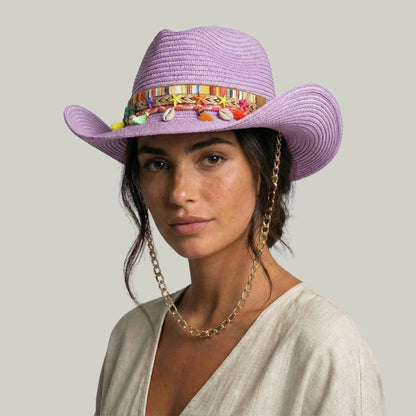 Chapeau Cowboy Femme Lilas Paille Bandeau Pompons Chaîne Maison Shelby