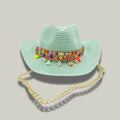 Chapeau Cowboy Femme Menthe Paille Bandeau Brodé Chaîne