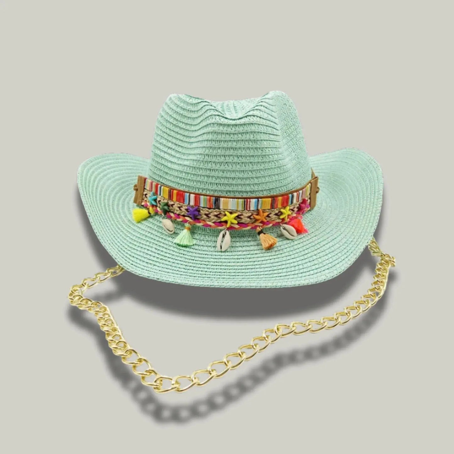 Chapeau Cowboy Femme Menthe Paille Bandeau Brodé Chaîne Maison Shelby