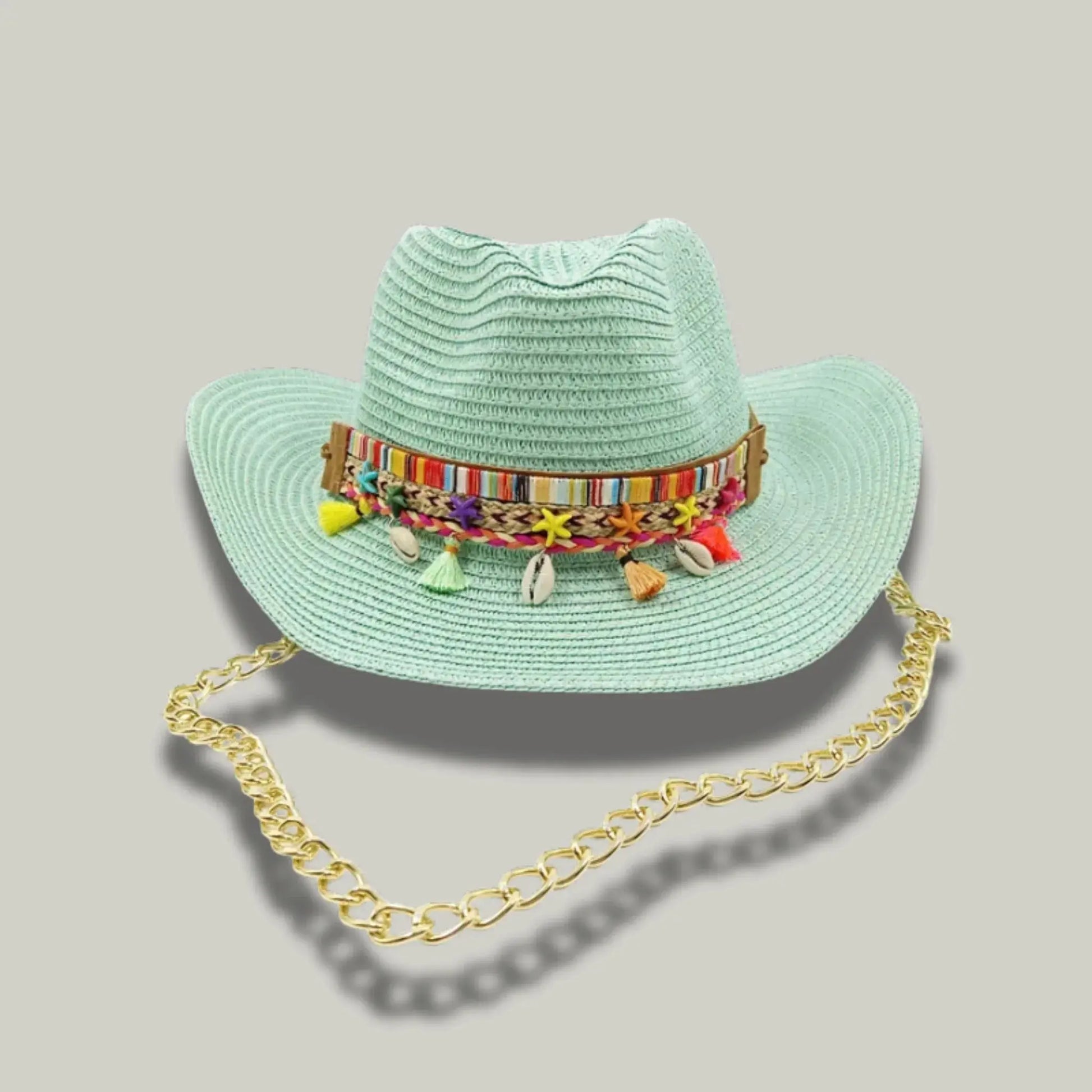 Chapeau Cowboy Femme Menthe Paille Bandeau Brodé Chaîne Maison Shelby