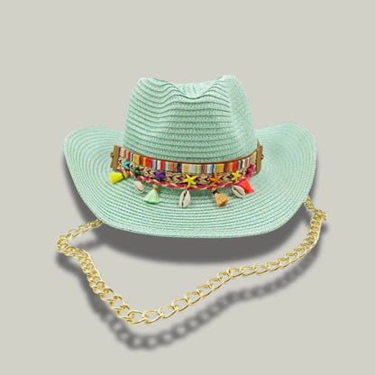 Chapeau Cowboy Femme Menthe Paille Bandeau Brodé Chaîne Maison Shelby