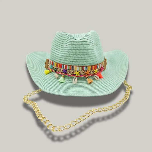 Chapeau Cowboy Femme Menthe Paille Bandeau Brodé Chaîne