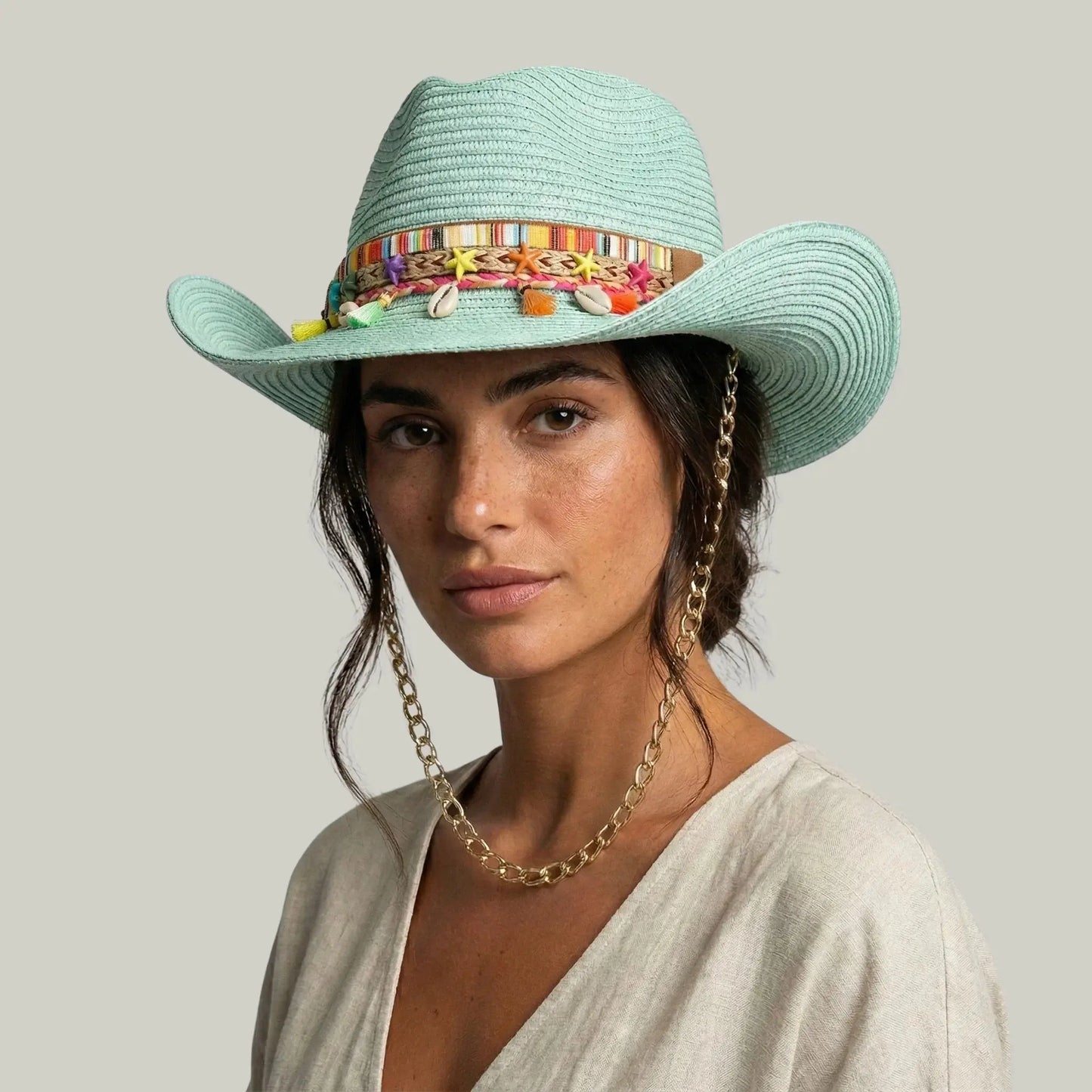 Chapeau Cowboy Femme Menthe Paille Bandeau Brodé Chaîne Maison Shelby