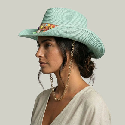 Chapeau Cowboy Femme Menthe Paille Bandeau Brodé Chaîne Maison Shelby